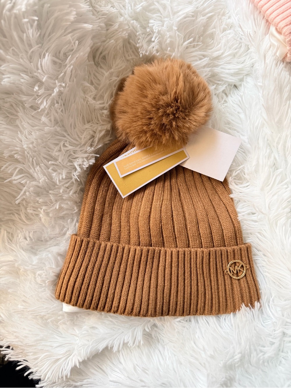 MICHAEL Michael Kors Women Camel Ribbed Pom-Pom Beanie